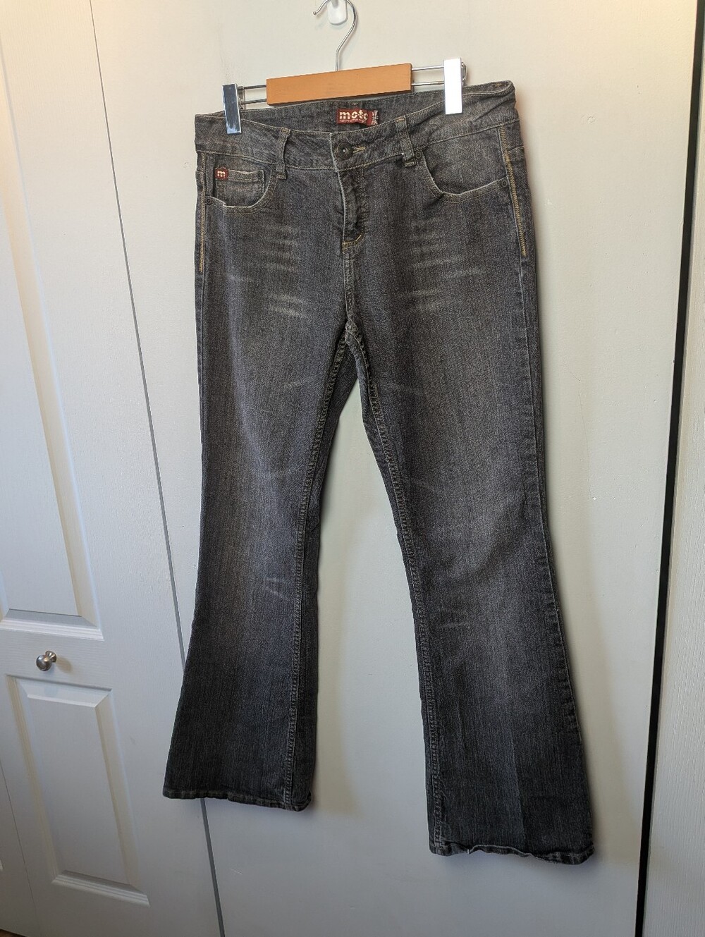 Y2K VINTAGE M-O-T-O Women Jeans Dark Gray Low Waist Flare Leg Size 32 97% Cotton